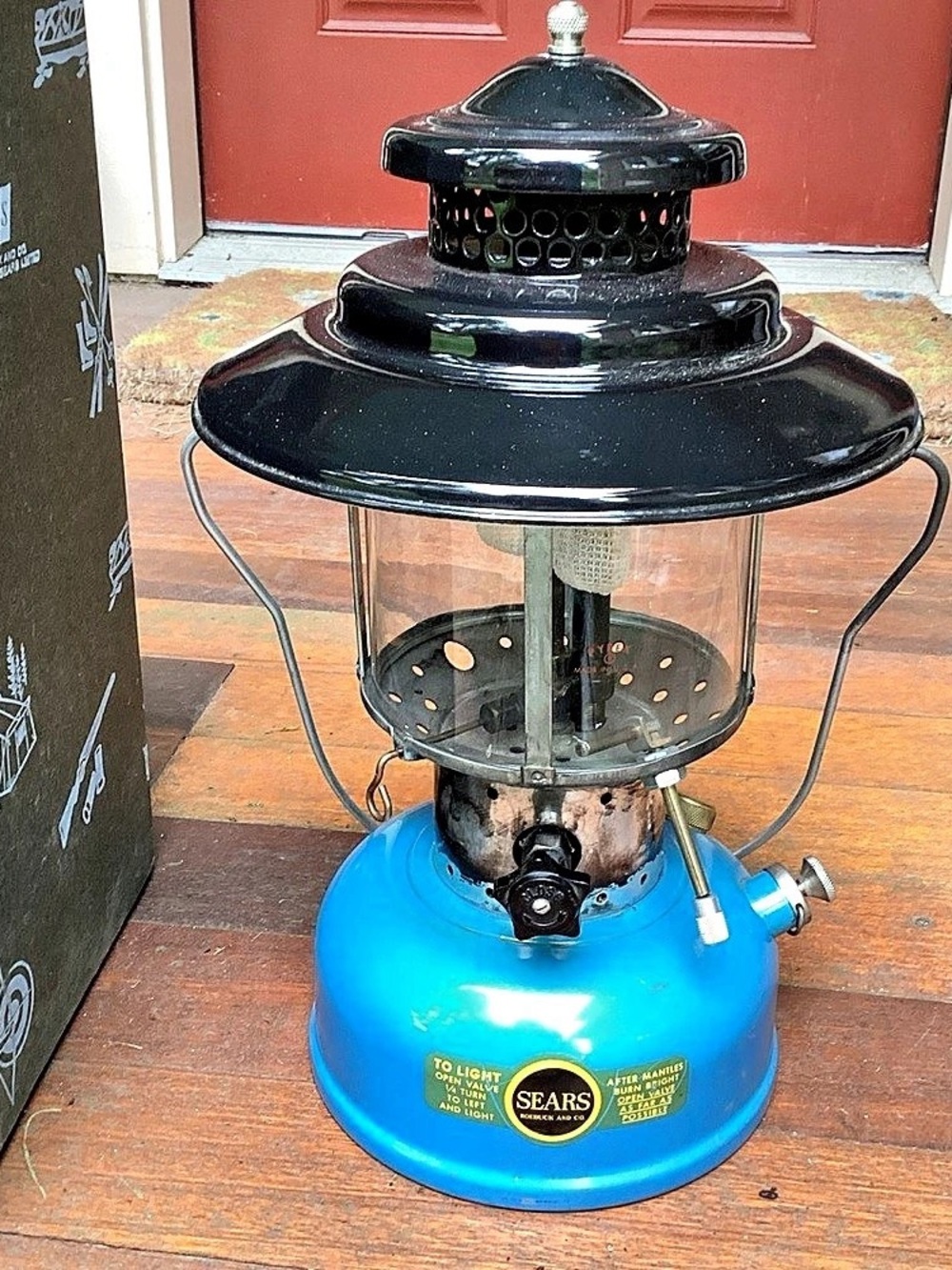 1967 Sears Big Hat Double Mantle Gas Lantern Blue Pyrex Globe USA Blue W/ Box